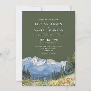 Convite de Casamento Montanha Aquarela Verde Oliva