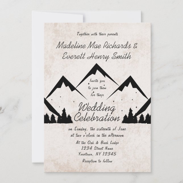Convite de Casamento Montanhas Rústicas e Pinheiro (Frente)