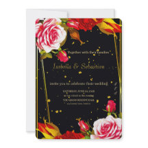 Convite de Casamento Moody Preto Floral e Dourado