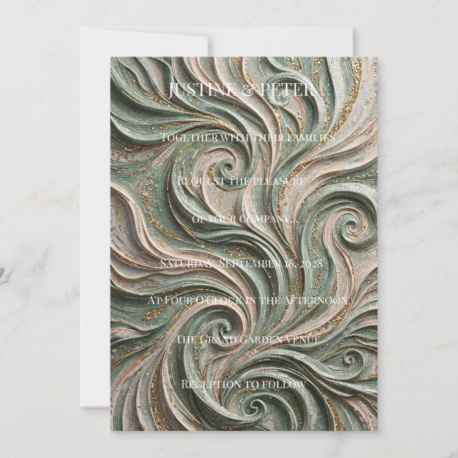 Convite de Casamento Mosaico Abstrato em Verde Sál (Frente)