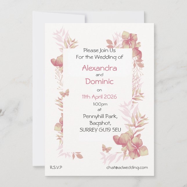Convite de Casamento - motivo floral borboleta ros (Frente)