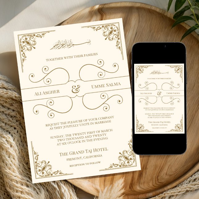 Convite de Casamento Muçulmano Dourado Ornamentado (Criador carregado)