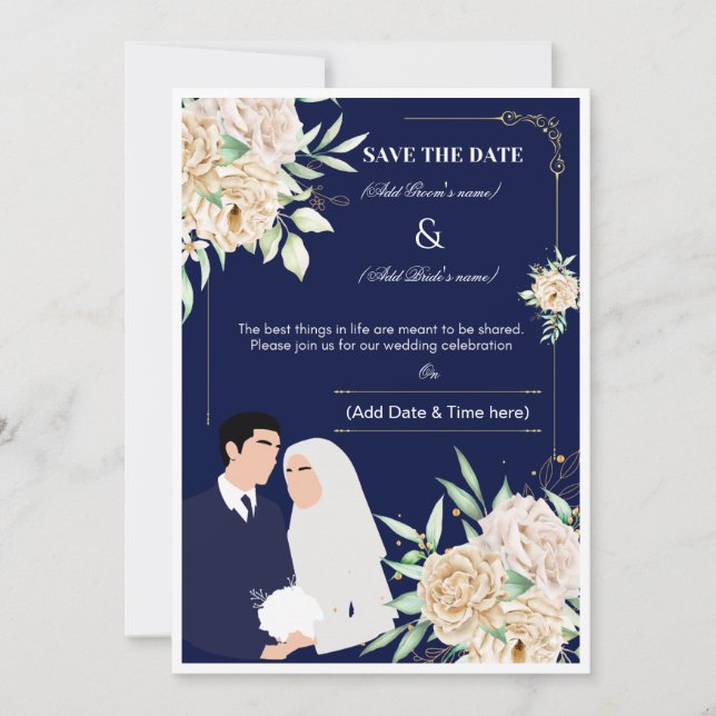 Convite de Casamento Muçulmano Elegante - Azul Nav (Frente)