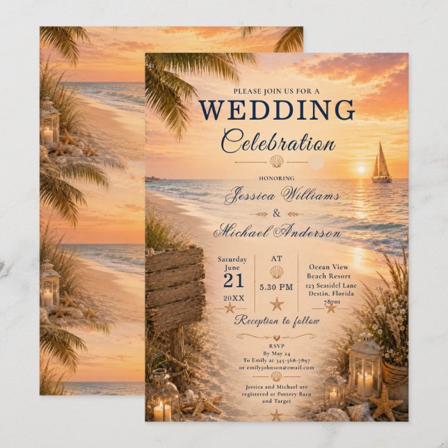 Convite de Casamento na Praia (Frente/Verso)