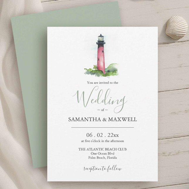 Convite de Casamento na Praia Aquarela Farol (Beach wedding invitations feature watercolor Jupiter lighthouse Victoria Grigaliunas DoTellABelle)