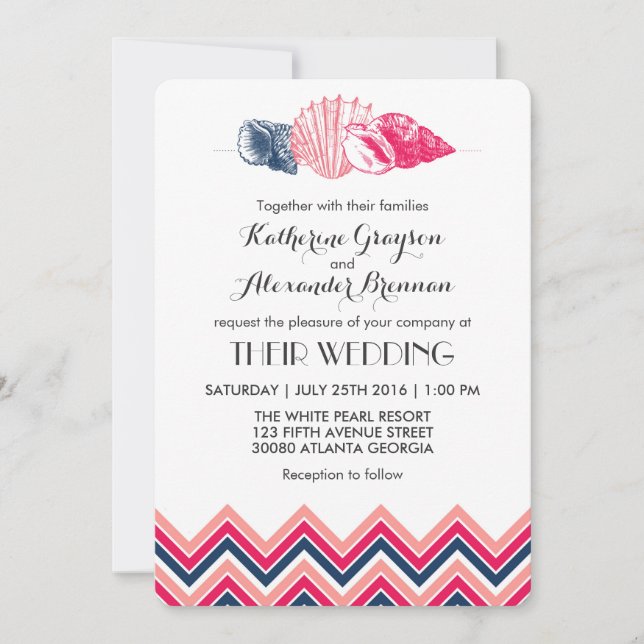 Convite de Casamento na Praia com Chevron Vintage  (Frente)