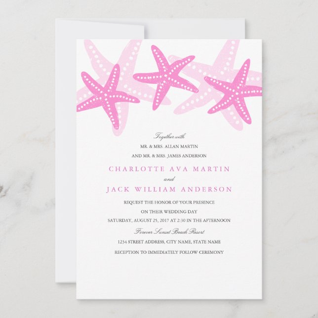 Convite de Casamento na Praia com Estrela-do-Mar R (Frente)