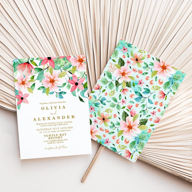 Convite de casamento na praia com flores tropicais (Criador carregado)