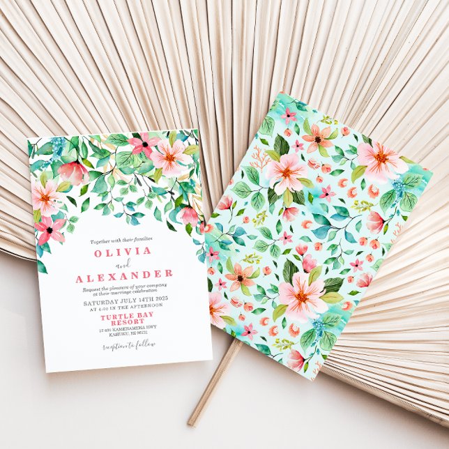 Convite de casamento na praia com flores tropicais (Criador carregado)