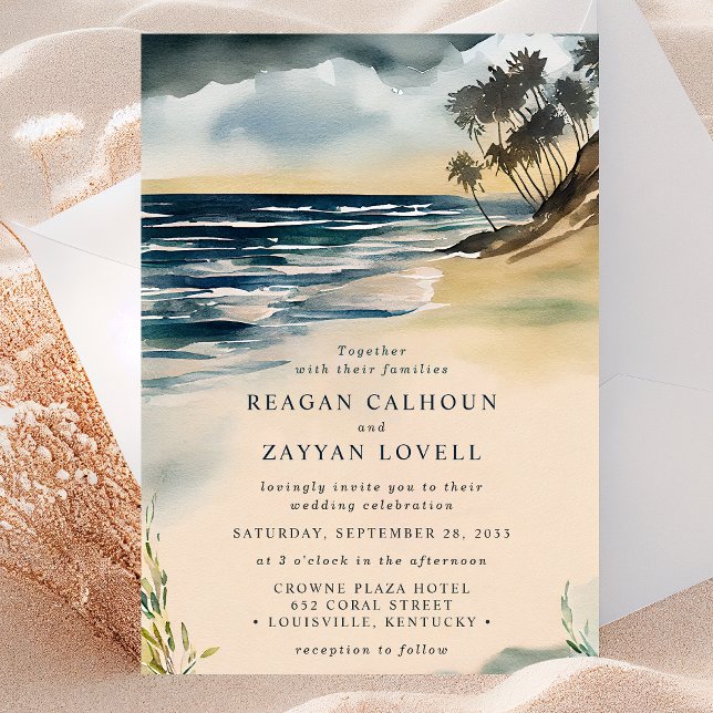 Convite de Casamento na Praia com Palmeira em Aqua (Criador carregado)