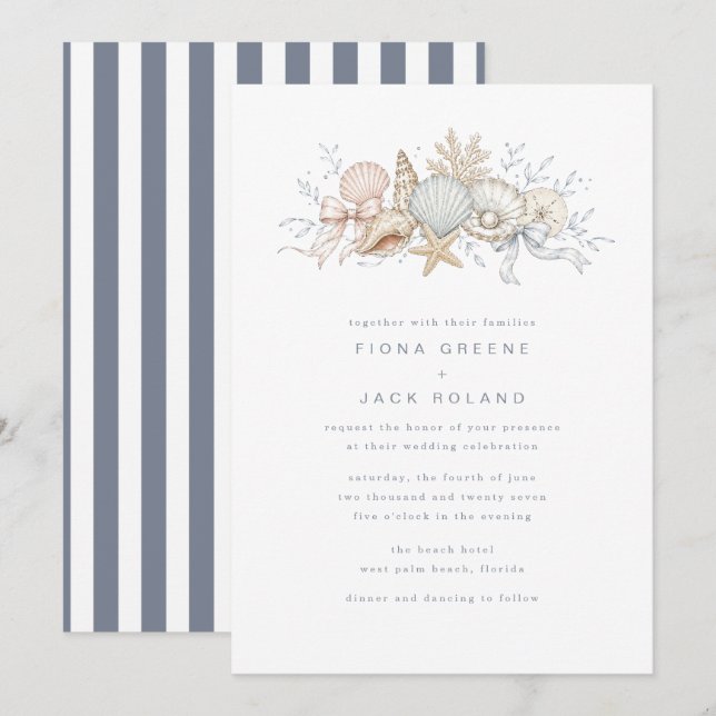 Convite de Casamento na Praia Conchas & Sininhos d (Frente/Verso)