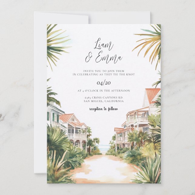Convite de Casamento na Praia da Flórida Aquarela (Frente)