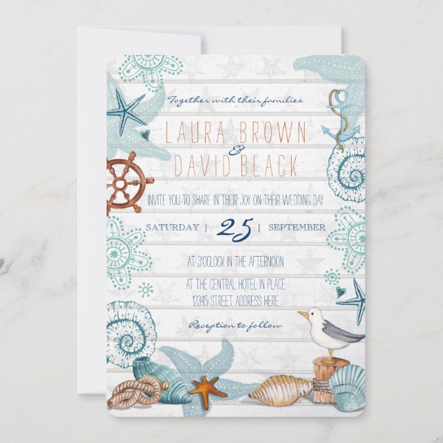 Convite de casamento na praia náutica (Verso)