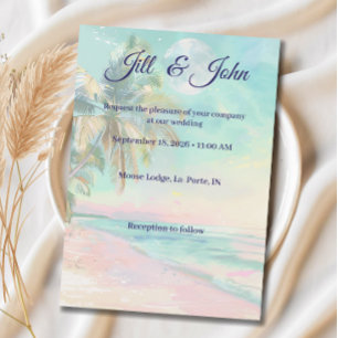 Convite de Casamento na Praia Pôr do Sol Aquarela 