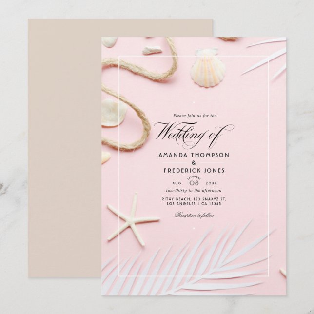 Convite de Casamento na Praia Rosa Rubor (Frente/Verso)