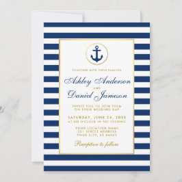 Convite de casamento náutico azul com listras dour
