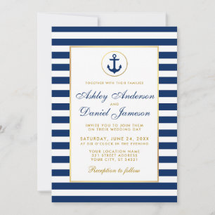 Convite de casamento náutico azul com listras dour