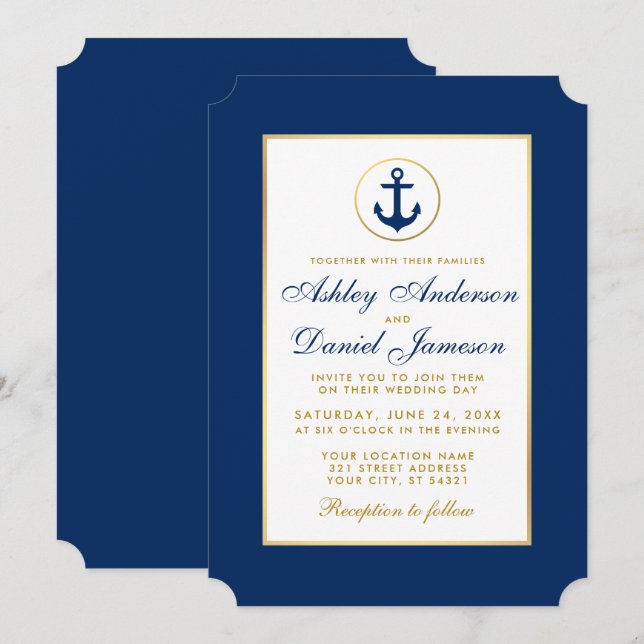 Convite de Casamento Náutico Azul e Dourado (Frente/Verso)