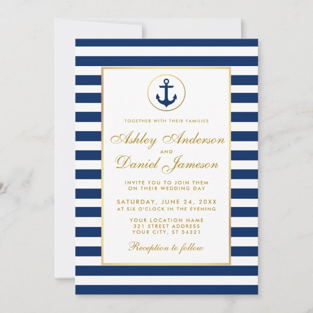 Convite de Casamento Náutico Azul Listras Douradas (Frente)