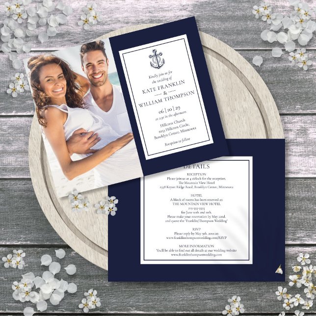 Convite de Casamento Náutico com Foto Orçamento Ún (Budget All In One Nautical Photo Wedding Invite)