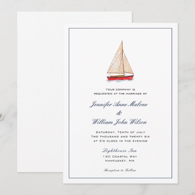 Convite de casamento náutico de barco à vela em aq (Frente/Verso)