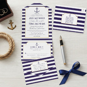 Convite de Casamento Náutico Marinha e Âncora com