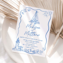 Convite de Casamento Náutico Praia com Desenhos à