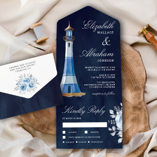 Convite de casamento naval azul marinho Farol Aqua