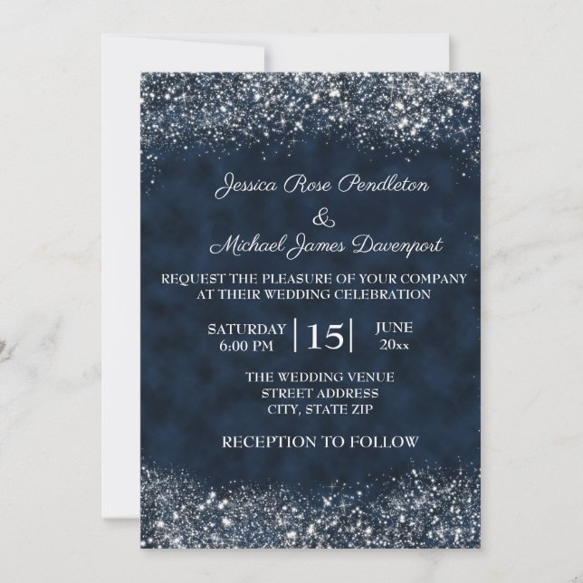 Convite de Casamento Navy Azul Branco Stardust (Frente)