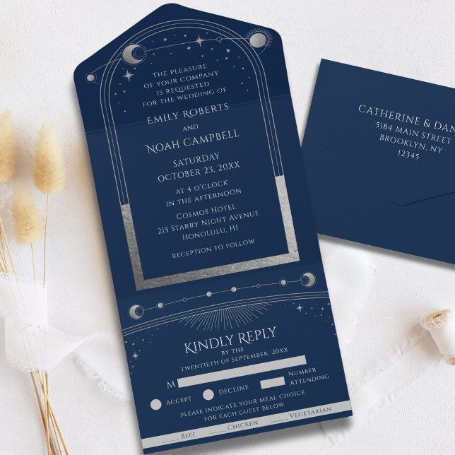 Convite de Casamento Navy Azul Prata Celestial Sol (Criador carregado)