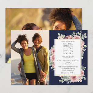 Convite de Casamento Navy Blue Floral Gold 2 Fotos