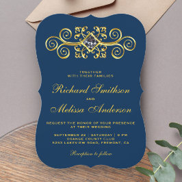 Convite de Casamento Navy Blue Gold Flourish
