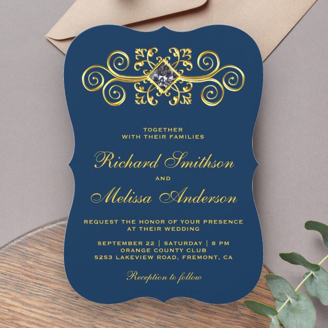 Convite de Casamento Navy Blue Gold Flourish (Criador carregado)