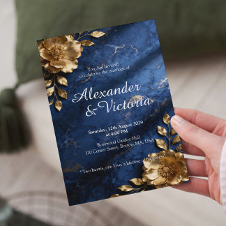 Convite de Casamento Navy Blue Gold Marble