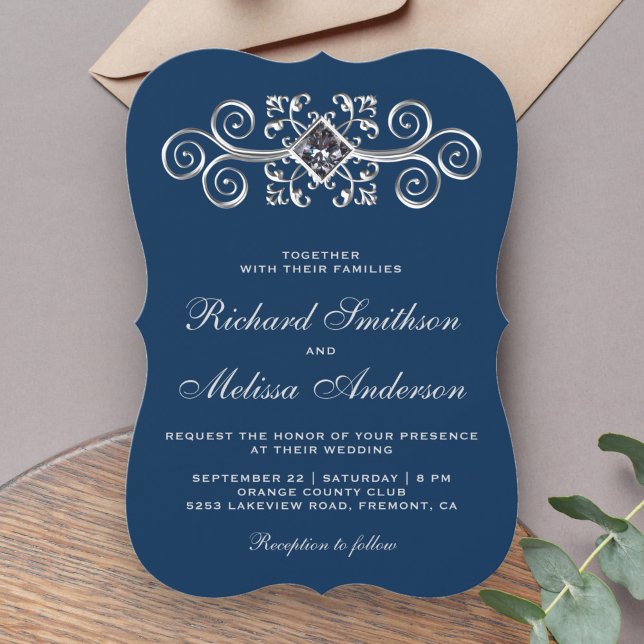 Convite de Casamento Navy Blue Silver Flourish (Criador carregado)