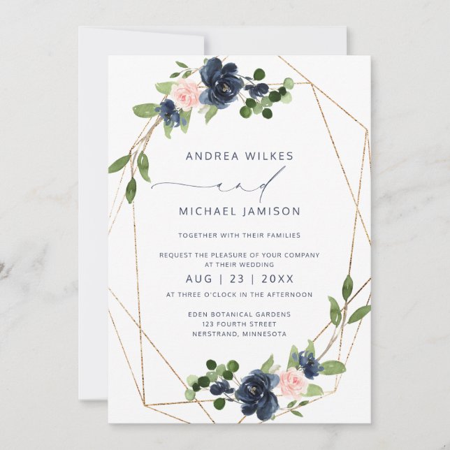 Convite de Casamento Navy & Blush Geométrico Falso (Frente)