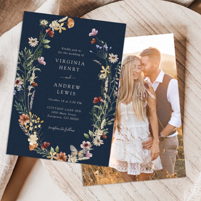 Convite de Casamento Navy Boho (Navy Blue Boho Photo Wedding Invitation by Painted Paperie
)