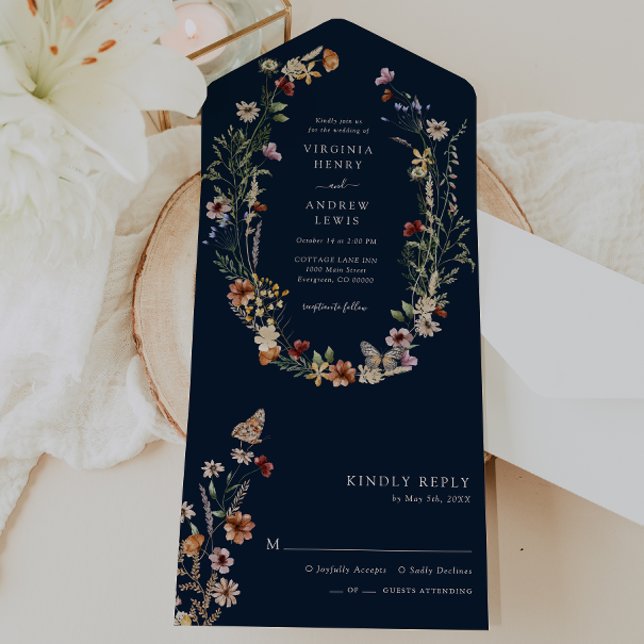 Convite de Casamento Navy Boho Floral Tudo em Um (Navy Boho Floral All in One Wedding Invite by Painted Paperie
)