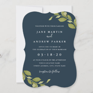 Convite de Casamento Navy Botânico Folha Verde
