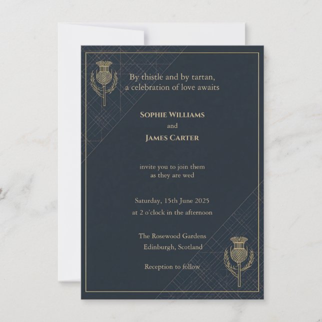 Convite de Casamento Navy Dourado com Tartan de Ca (Frente)