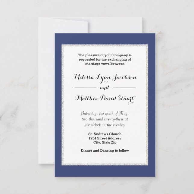 Convite de Casamento Navy & Faux Glitter Moldura - (Frente)