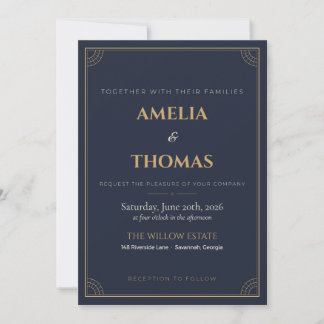 Convite de Casamento Navy Gold Art Deco Gatsby