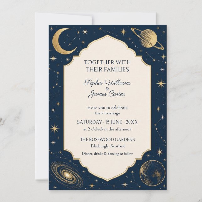 Convite de Casamento Navy Gold Celestial Galaxy (Frente)