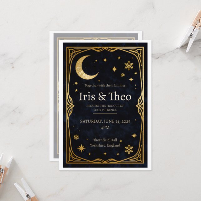 Convite de Casamento Navy Gold Celestial Moon Star (Frente/Verso In Situ)