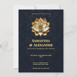 Convite de Casamento Navy Gold Lotus Elegante