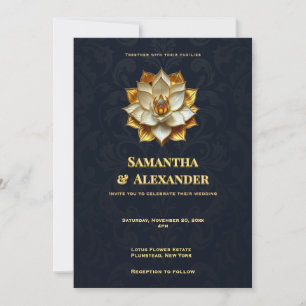 Convite de Casamento Navy Gold Lotus Elegante