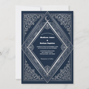 Convite de Casamento Navy Gothi Art Déco Prata