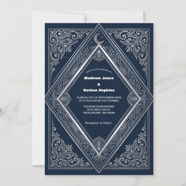 Convite de Casamento Navy Gothi Art Déco Prata (Frente)