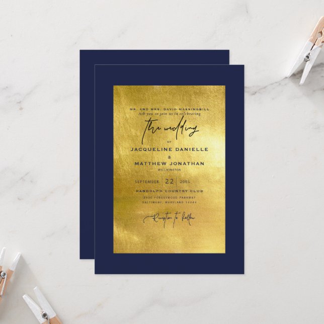 Convite de Casamento Navy Moderno & Dourado Metáli (Frente/Verso In Situ)