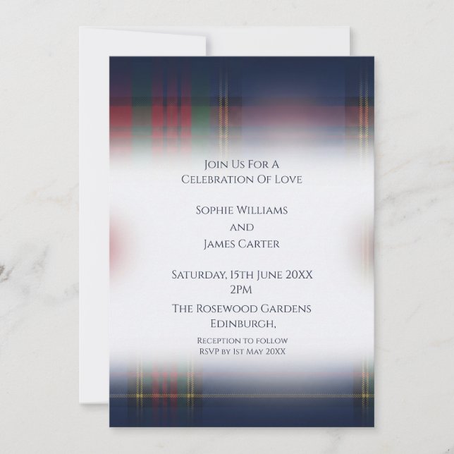 Convite de Casamento Navy Tartan (Frente)